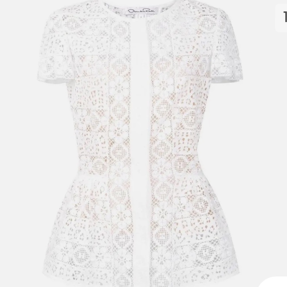 OSCAR DE LA RENTA Snap Peplum Blouse Crochet Lace White